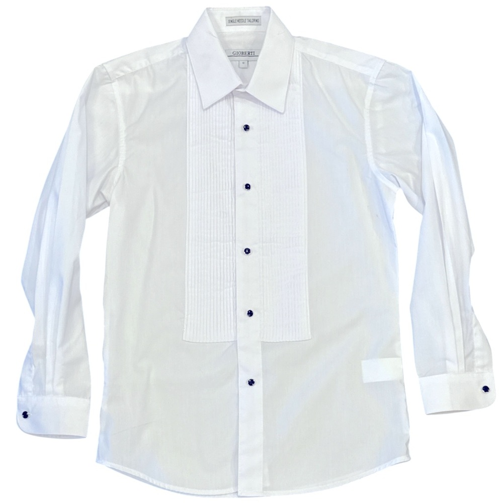 Pleated Bib Tuxedo White Dress Shirt with Black Buttons Boys Size 10 Formal